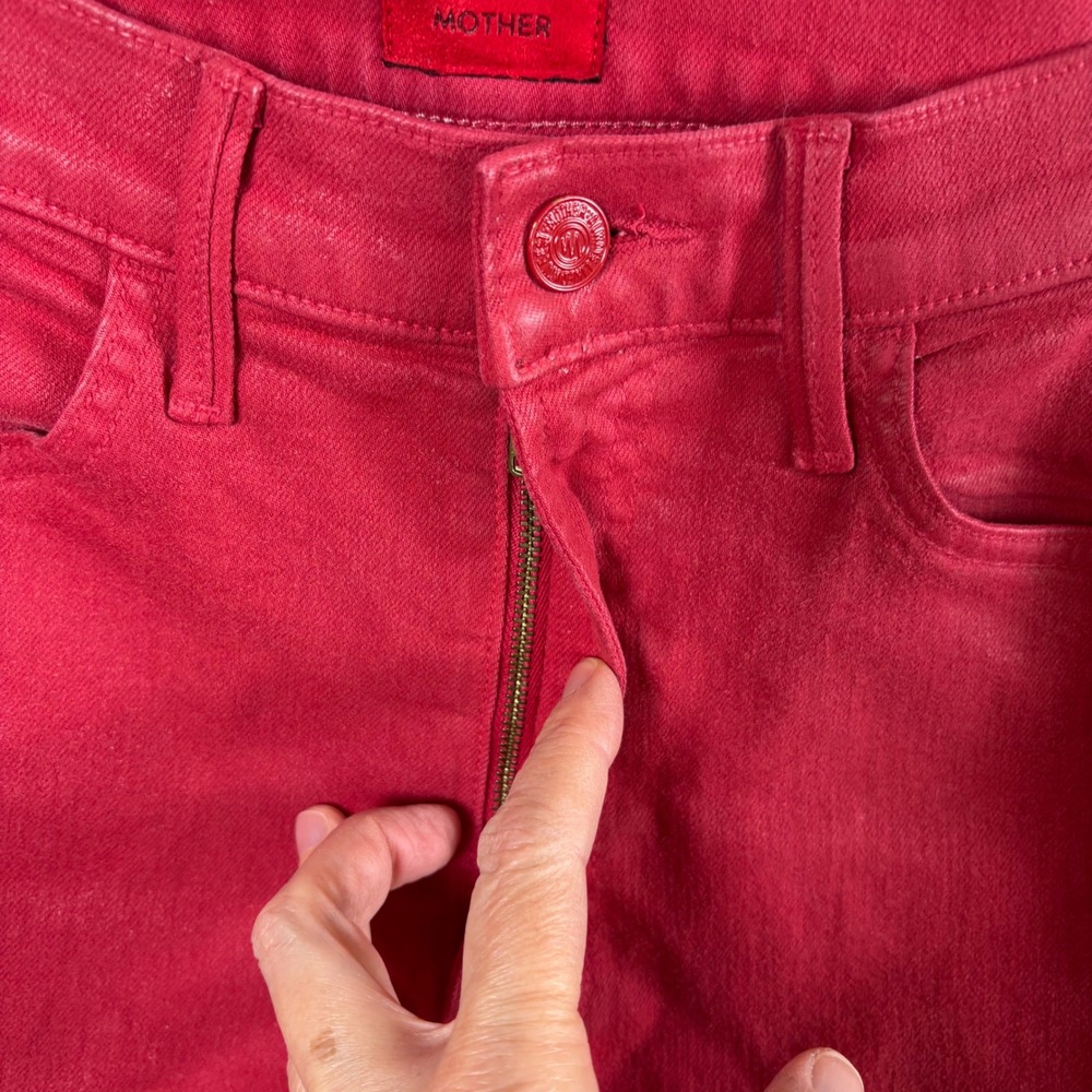 Mother The Hustler Ankle Fray Jeans 27 Red High-Rise Flare Raw Hem Coated Denim - Picture 7 of 10